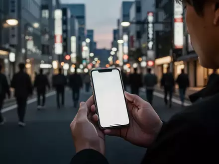 Eine Person hält bei Dämmerung ein leuchtendes Smartphone in einer japanischen Stadt, während im Hintergrund Passanten verschwimmen. - Foto: über boerse-global.de