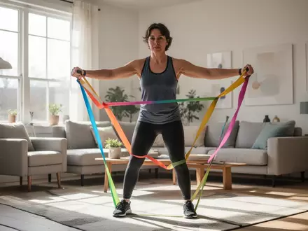 Eine Person trainiert in einem hellen, modernen Wohnzimmer mit elastischen Widerstandsbändern. - Foto: über boerse-global.de