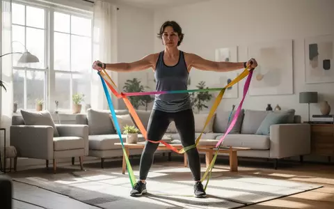Eine Person trainiert in einem hellen, modernen Wohnzimmer mit elastischen Widerstandsbändern. - Foto: über boerse-global.de