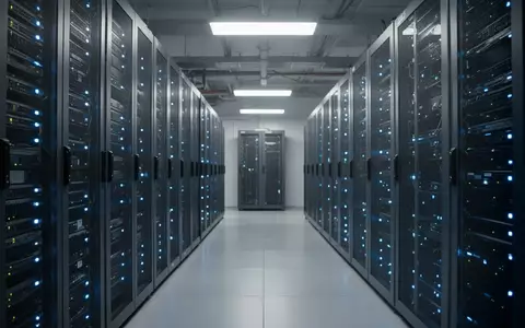 Ein moderner Serverraum in einem Rechenzentrum mit leuchtenden blauen LED-Anzeigen in einer professionellen Umgebung. - Foto: über boerse-global.de