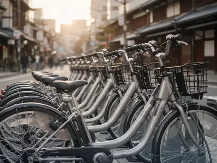 Eine Reihe von modernen Mietfahrrädern an einer städtischen Fahrradstation in Japan bei natürlichem Tageslicht. - Foto: über boerse-global.de