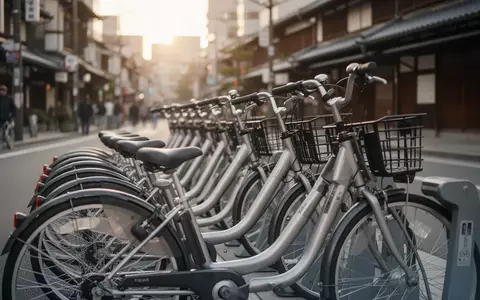Eine Reihe von modernen Mietfahrrädern an einer städtischen Fahrradstation in Japan bei natürlichem Tageslicht. - Foto: über boerse-global.de