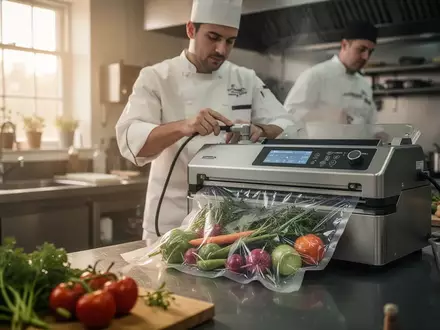 Ein Koch verpackt frische Lebensmittel in einer professionellen Küche mit einem Vakuumiergerät. - Foto: über boerse-global.de