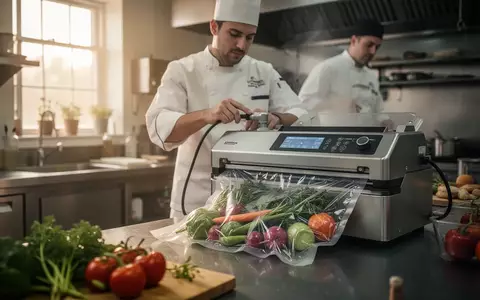 Ein Koch verpackt frische Lebensmittel in einer professionellen Küche mit einem Vakuumiergerät. - Foto: über boerse-global.de