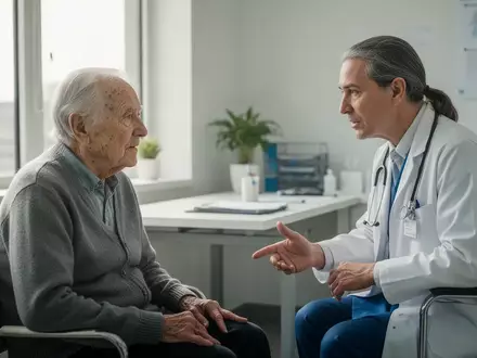 Ein älterer Patient im Gespräch mit einem Hausarzt in einer hellen, modernen Arztpraxis. - Foto: über boerse-global.de