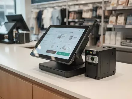 Modernes digitales Kassensystem an einer Ladentheke mit technischer Sicherheitseinrichtung. - Foto: über boerse-global.de