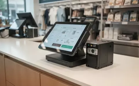 Modernes digitales Kassensystem an einer Ladentheke mit technischer Sicherheitseinrichtung. - Foto: über boerse-global.de