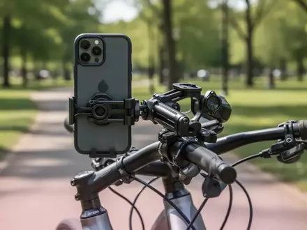 Ein Smartphone ist sicher an einem Fahrradlenker befestigt, während es im Freien bei Tageslicht genutzt wird. - Foto: über boerse-global.de