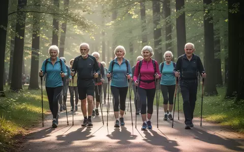 Eine Gruppe von Menschen beim Nordic Walking auf einem Waldweg in der Probstheide bei frühem Morgenlicht. - Foto: über boerse-global.de