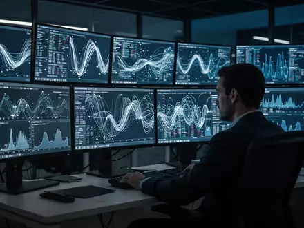 Ein Cybersicherheitsexperte analysiert in einem abgedunkelten Kontrollzentrum komplexe Netzwerkverkehrsdaten auf Monitoren. - Foto: über boerse-global.de