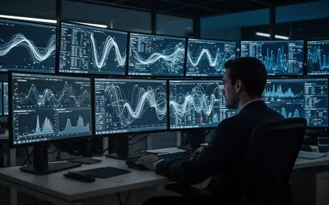 Ein Cybersicherheitsexperte analysiert in einem abgedunkelten Kontrollzentrum komplexe Netzwerkverkehrsdaten auf Monitoren. - Foto: über boerse-global.de