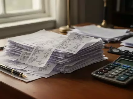 Ein Schreibtisch mit Papierbelegen, einem Taschenrechner und einem Füllfederhalter bei natürlichem Licht. - Foto: über boerse-global.de
