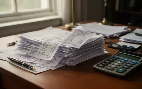Ein Schreibtisch mit Papierbelegen, einem Taschenrechner und einem Füllfederhalter bei natürlichem Licht. - Foto: über boerse-global.de