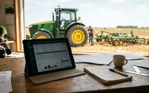 Ein Tablet mit digitalen Rechnungsdaten auf einem Schreibtisch vor einem unscharfen landwirtschaftlichen Betrieb. - Foto: über boerse-global.de