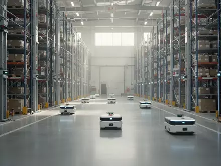 Autonome Lagerroboter bewegen sich in einem hochmodernen, automatisierten Distributionszentrum zwischen hohen Regalsystemen. - Foto: über boerse-global.de