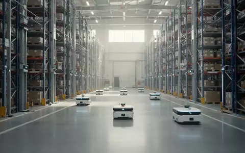 Autonome Lagerroboter bewegen sich in einem hochmodernen, automatisierten Distributionszentrum zwischen hohen Regalsystemen. - Foto: über boerse-global.de