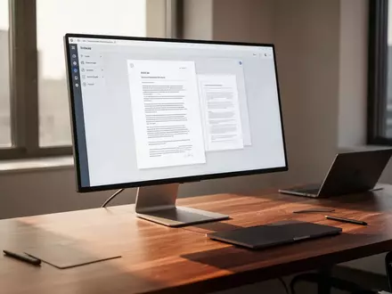 Ein moderner, minimalistischer Büroarbeitsplatz mit einem hochwertigen Monitor und Laptop in natürlichem Licht. - Foto: über boerse-global.de