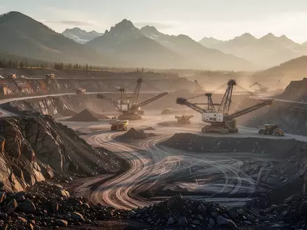 Moderne Bergbauanlage in einer nordamerikanischen Berglandschaft bei Sonnenuntergang. - Foto: über boerse-global.de