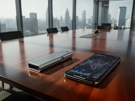 Ein Hardware-Wallet und ein Smartphone mit Finanzdaten auf einem Konferenztisch in einem modernen Büro. - Foto: über boerse-global.de