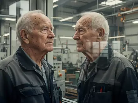 Ein älterer Industriearbeiter in einer modernen Fabrikhalle blickt nachdenklich aus einem Fenster. - Foto: über boerse-global.de