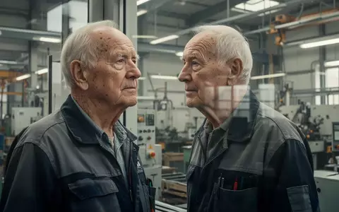 Ein älterer Industriearbeiter in einer modernen Fabrikhalle blickt nachdenklich aus einem Fenster. - Foto: über boerse-global.de