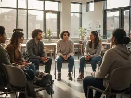 Eine Gruppe von Menschen sitzt in einem hellen Gemeinschaftsraum in einem Stuhlkreis und führt ein ruhiges Gespräch. - Foto: über boerse-global.de