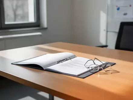 Ein sauberer Schreibtisch in einer Behörde mit einem Aktenordner und einer Lesebrille bei natürlichem Tageslicht. - Foto: über boerse-global.de