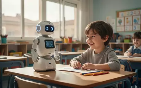 Ein kleiner humanoider Roboter interagiert in einem hellen Klassenzimmer spielerisch mit einem Grundschulkind. - Foto: über boerse-global.de