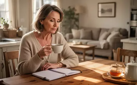 Eine Frau sitzt nachdenklich an einem Küchentisch mit einem Notizbuch, umgeben von einer ruhigen, häuslichen Atmosphäre. - Foto: über boerse-global.de