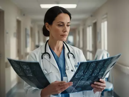 Eine Ärztin in einem Krankenhausflur betrachtet konzentriert eine Patientenakte. - Foto: über boerse-global.de