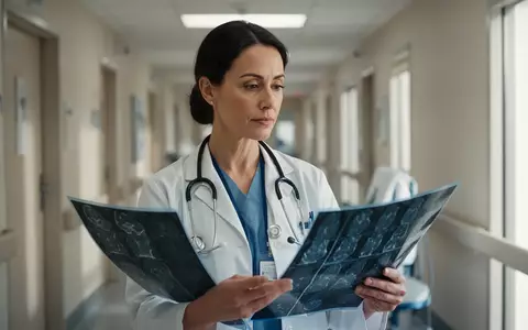 Eine Ärztin in einem Krankenhausflur betrachtet konzentriert eine Patientenakte. - Foto: über boerse-global.de