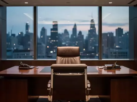Ein leeres, modernes Chef-Büro mit einem großen Schreibtisch und einem Ledersessel vor einem Fenster mit Blick auf eine Stadt. - Foto: über boerse-global.de