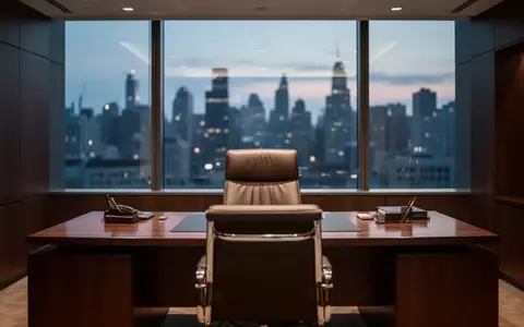 Ein leeres, modernes Chef-Büro mit einem großen Schreibtisch und einem Ledersessel vor einem Fenster mit Blick auf eine Stadt. - Foto: über boerse-global.de