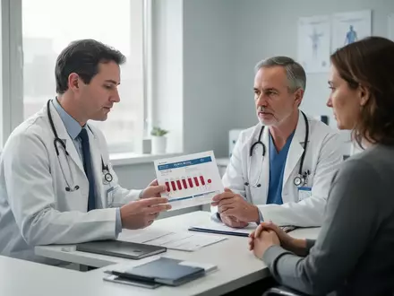 Ein Arzt bespricht in einem modernen Behandlungszimmer die Blutergebnisse mit einem Patienten zur Vorsorgeuntersuchung. - Foto: über boerse-global.de