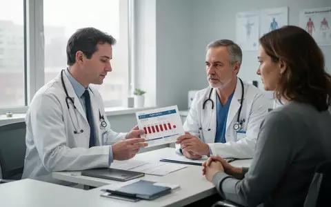 Ein Arzt bespricht in einem modernen Behandlungszimmer die Blutergebnisse mit einem Patienten zur Vorsorgeuntersuchung. - Foto: über boerse-global.de