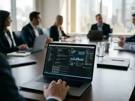 Ein moderner Laptop mit komplexen Sicherheitsdaten in einem professionellen Büro, symbolisch für die IT-Haftungsrisiken. - Foto: über boerse-global.de