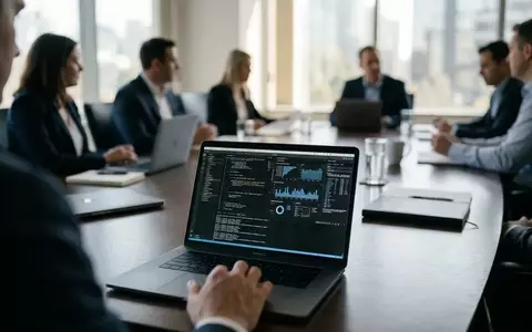 Ein moderner Laptop mit komplexen Sicherheitsdaten in einem professionellen Büro, symbolisch für die IT-Haftungsrisiken. - Foto: über boerse-global.de