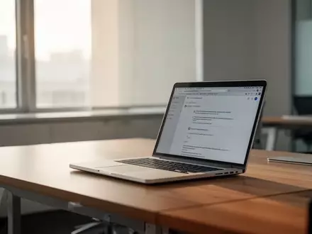 Ein moderner, aufgeräumter Büroarbeitsplatz mit einem Laptop auf einem Schreibtisch bei natürlichem Tageslicht. - Foto: über boerse-global.de