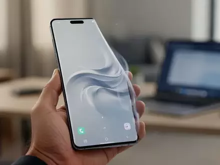 Ein modernes Samsung Galaxy Smartphone in einer Hand mit einer eleganten Benutzeroberfläche vor einem verschwommenen Bürohintergrund. - Foto: über boerse-global.de