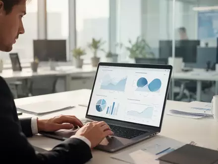 Eine Person arbeitet an einem Laptop in einem modernen Büro mit Fokus auf professionelle Datenvisualisierung. - Foto: über boerse-global.de