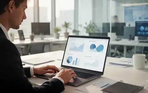 Eine Person arbeitet an einem Laptop in einem modernen Büro mit Fokus auf professionelle Datenvisualisierung. - Foto: über boerse-global.de