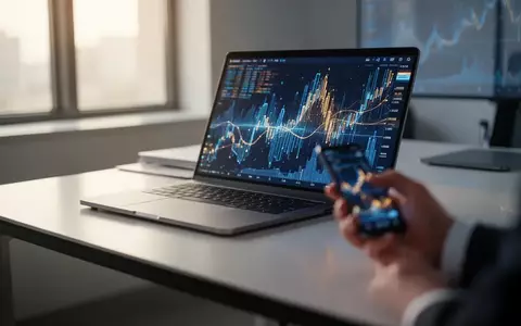 Ein moderner Arbeitsplatz eines Finanzhändlers mit abstrakt leuchtenden Datenvisualisierungen auf einem Laptop. - Foto: über boerse-global.de