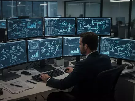 Ein IT-Manager arbeitet in einem modernen Büro an mehreren Monitoren, die komplexe Datenanalysen und Sicherheitsdiagramme zeigen. - Foto: über boerse-global.de