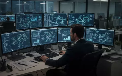 Ein IT-Manager arbeitet in einem modernen Büro an mehreren Monitoren, die komplexe Datenanalysen und Sicherheitsdiagramme zeigen. - Foto: über boerse-global.de