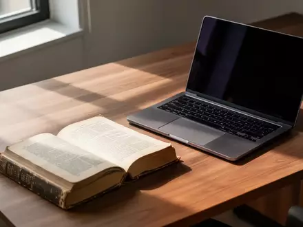 Ein offenes Buch und ein Laptop auf einem Holztisch in einem hellen, professionellen Arbeitszimmer. - Foto: über boerse-global.de