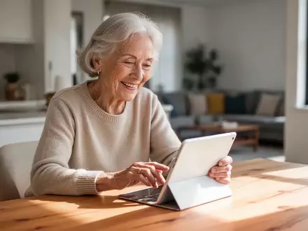 Eine ältere Frau sitzt an einem hellen Tisch und nutzt konzentriert ein Tablet in einem freundlich gestalteten Wohnraum. - Foto: über boerse-global.de