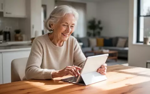 Eine ältere Frau sitzt an einem hellen Tisch und nutzt konzentriert ein Tablet in einem freundlich gestalteten Wohnraum. - Foto: über boerse-global.de