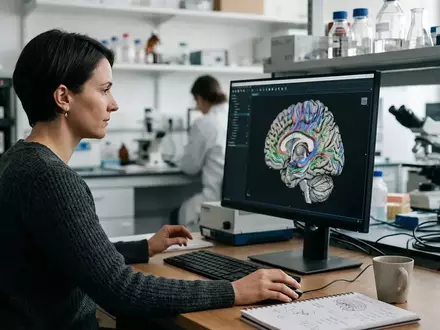 Hochauflösende 3D-Visualisierung eines menschlichen Gehirns auf einem Monitor in einem modernen neurowissenschaftlichen Labor. - Foto: über boerse-global.de