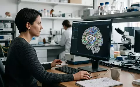 Hochauflösende 3D-Visualisierung eines menschlichen Gehirns auf einem Monitor in einem modernen neurowissenschaftlichen Labor. - Foto: über boerse-global.de