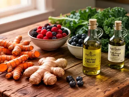 Frische, unverarbeitete Lebensmittel wie Kurkuma, Ingwer, Beeren und grüner Grünkohl auf einem hölzernen Küchentisch. - Foto: über boerse-global.de